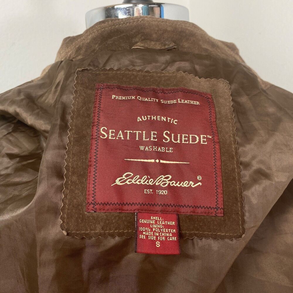 Vintage Eddie Bauer Seattle Suede Brown Jacket SM Washable Button Front Pocket - Picture 14 of 16